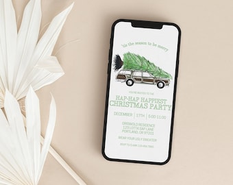 Op de afbeelding: Een smartphone die een kerstfeestuitnodiging weergeeft met een cartoonillustratie van een stationwagen met een kerstboom op het dak. De tekst op de uitnodiging luidt "'Tis the season to be merry" en "Hap-Hap Happiest Christmas Party".