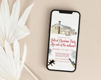 Op de afbeelding: Een digitale uitnodiging voor een kerstfeest met een handgetekend plaatje van een huis dat bedekt is met sneeuw. De tekst luidt "U bent uitgenodigd voor het vrolijkste kerstfeest aan deze kant van de Noordpool!"  17 december, 18:00 - 23:00 uur, Griswold Residence, 123 Lotta Sap Lane, Portland, OR 97201. Eten en drinken worden verzorgd.