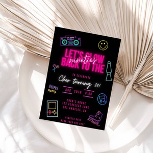 L&#39;invito alla festa di compleanno degli anni &#39;90 fa risplendere gli anni &#39;90, invito alla festa al neon, download istantaneo digitale