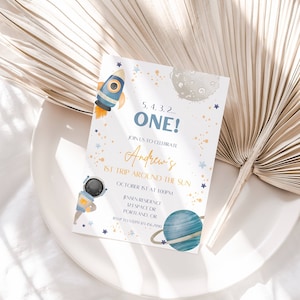 First Trip Around the Sun Invitation: Watercolor Outer Space, Astronaut (Digital Download)