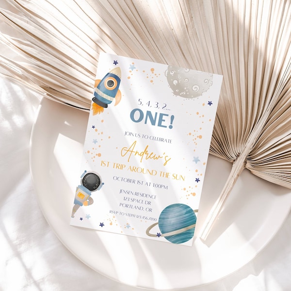 First Trip Around the Sun Invitation: Watercolor Outer Space, Astronaut (Digital Download)