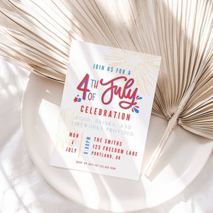 以下が含まれることがあります： 赤、白、青の文字で「Join us for a 4th of July Celebration. Food, drinks, and fireworks provided. Mon. July 4, 6:00PM. The Smiths, 123 Freedom Lane, Portland, OR.」と書かれた白いカードです。