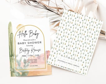 May include: A baby shower invitation with a watercolor cactus design. The invitation says "Hello Baby" and includes the details of the shower, including the date, time, and location. The invitation also includes a RSVP number. The back of the invitation has a pattern of cacti.