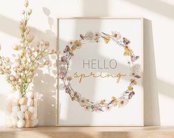 Hello Spring Floral Wreath Print: Watercolor Spring Decor (Digital Download)