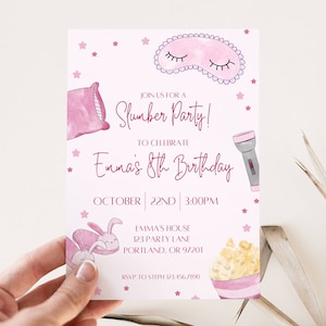 May include: Pink invitation for Emma's 8th birthday slumber party. The invitation features watercolor illustrations of a pillow, sleep mask, flashlight, popcorn, and a bunny. The text reads "Join us for a Slumber Party!" and includes the date, time, and location.