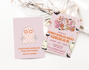 Lets Go Ghouls Halloween Birthday Invitation, Ghost Birthday Invitation, Cute Retro Ghosts, Spooktacular Birthday Invite Instant Download