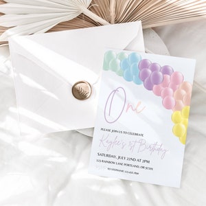 Pastel Rainbow Birthday Invitation, Pastel 1st Birthday Invite, First Birthday Invitation, 1st Birthday Girl, Pastel Rainbow Balloon Arch