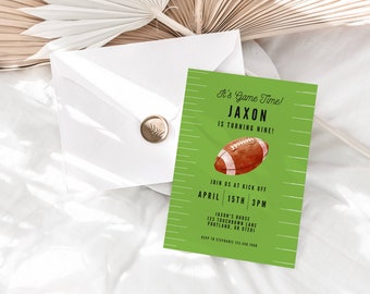 May include: Green and white football-themed birthday party invitation with the text "It's Game Time! Jaxon is turning nine!"  Join us at kick off April 15th 3PM. Jaxon's House 123 Touchdown Lane Portland, OR 97201.