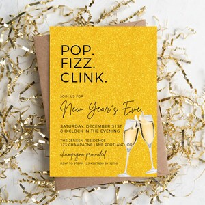 Editable Pop Fizz Clink New Year Invitation Black Gold New Years Eve Party Invite New Years Eve Champagne Toast Invite Instant Download