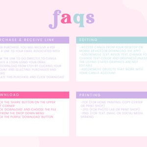 May include: A pink and purple graphic with the word "faqs" in a large, colorful font. The graphic provides information about purchasing, downloading, editing, and printing a digital product.
