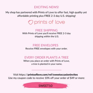 May include: Pink and white graphic with the text "Exciting News!" and "Prints of Love" with a heart icon. The graphic advertises free shipping and envelopes with orders, and a tree planted for each order. It also includes a coupon code "SWEET10" for 10% off orders of $49 or more.