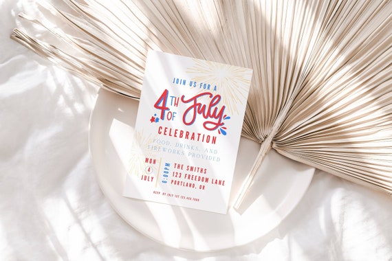 4th of July Party Invitation, Red White Blue Fireworks (Digital Download)