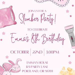 May include: A pink invitation for a slumber party, featuring a watercolor style design. The invitation includes a sleep mask, pillow, bunny slippers, popcorn, and a flashlight. Text reads "Join us for a Slumber Party!" to celebrate Emma's 8th Birthday.