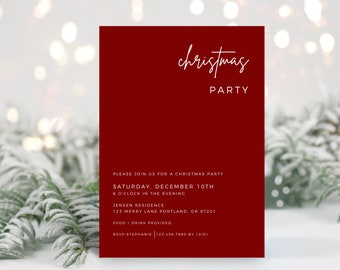 May include: A red Christmas party invitation with white text. The invitation reads "christmas party" and includes details about the date, time, location, and RSVP information.