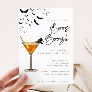 May include: A Halloween party invitation with a black and white illustration of bats flying around a martini glass with a witch's hat on the rim. The text reads "Join us if you dare Boos + Booze October 29th at 8 o'clock in the evening Jensen Residence 123 Ghost Road Portland, OR 97201 Food + Drink Provided Costumes Requested RSVP to Steph 123.456.7890"
