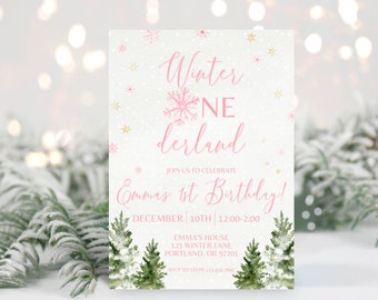 Pink Winter Wonderland 1st Birthday Invitation (Digital Download)