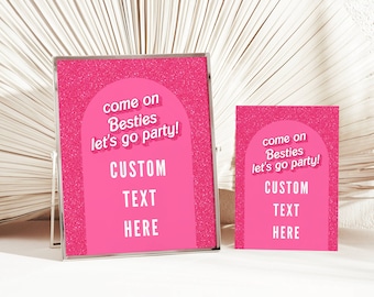 Personalisierbares rosa Glitzer Party Schild: Besties-Thema (Digitaler Download)