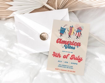 4th of July Invitation, 4th of July Invite, 4th of July Party, America Vibes, Retro Red White Blue America, Retro 4th of July, Instant