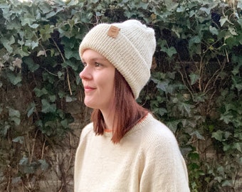 Alpaca Beanie, Double Brim Knit Beanie, Double Brim Knitted Hat, Alpaca Wool, Undyed Wool, Neutral Beanie, Winter Birthday Gift