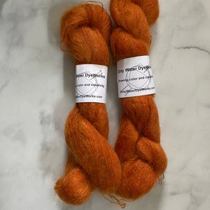 Dirty Water Dyeworks Shimmer in Persimmon / orange mohair yarn, silk mohair, indie dyed yarn, mohair silk yarn, fuzzy yarn, destash yarn