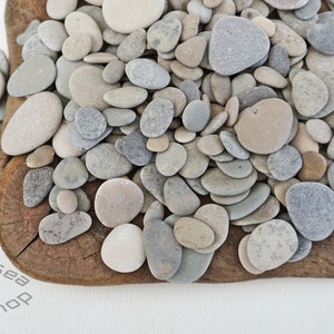 May include: A collection of smooth, gray and beige stones, some round and some oval, arranged on a wooden surface. The stones are of various sizes and are perfect for crafts or decoration.