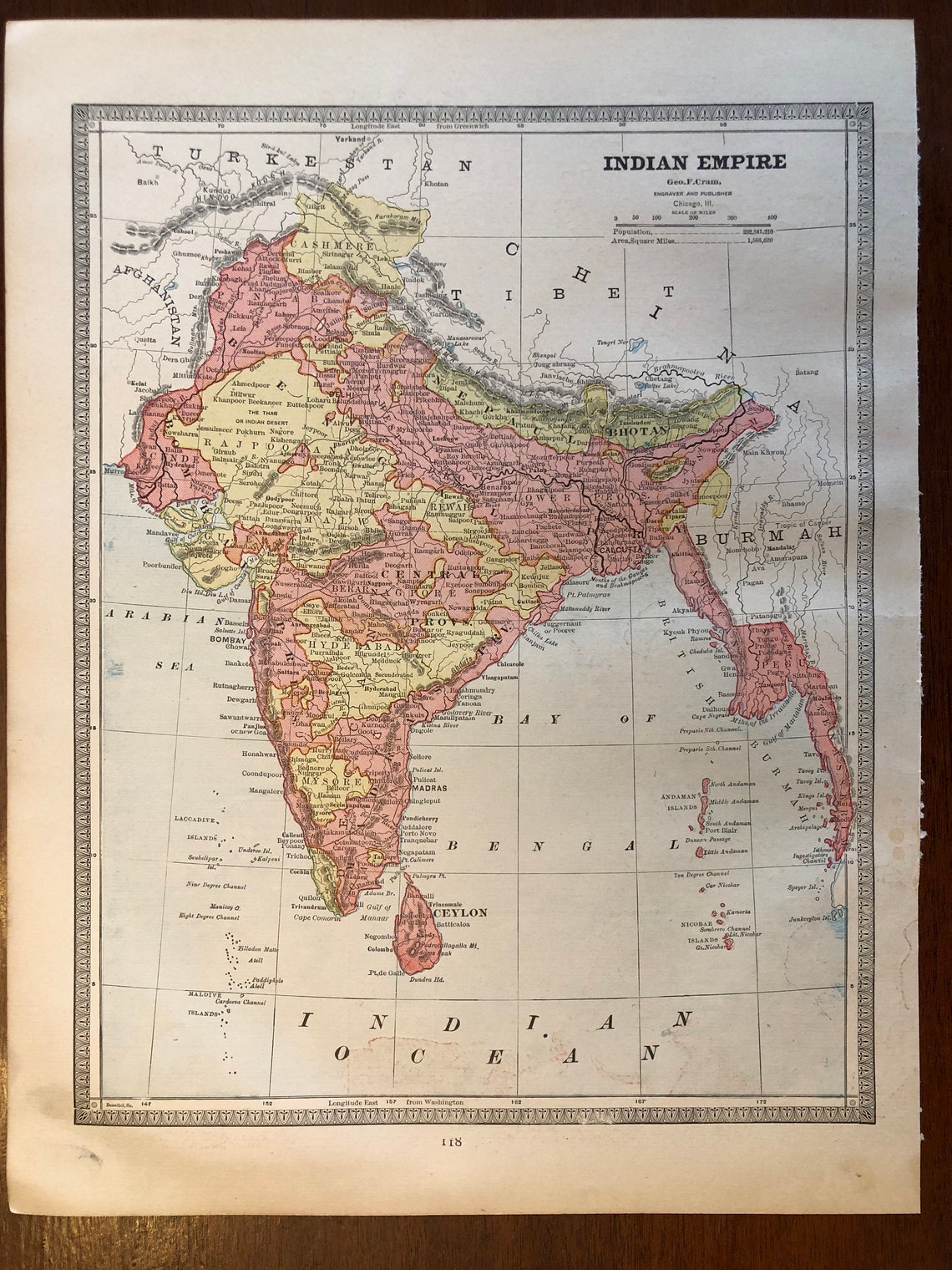 1883 Indian Empire, British Raj, Map, Cram's Unrivaled Family Atlas of 