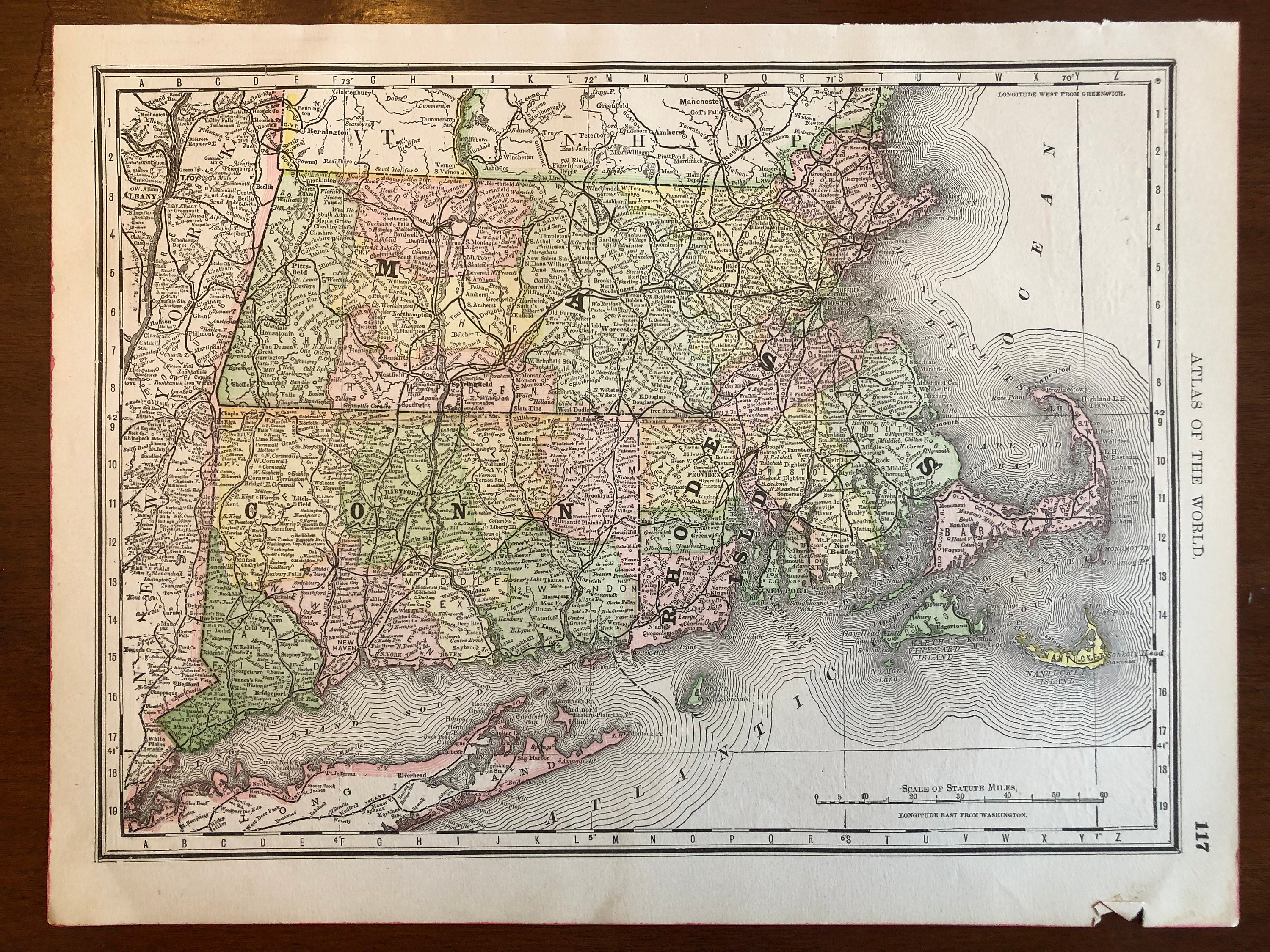 Map Of Ct And Ri 1889 New England Map-Ma Ct Ri Rand Mcnally Standard World | Etsy Australia