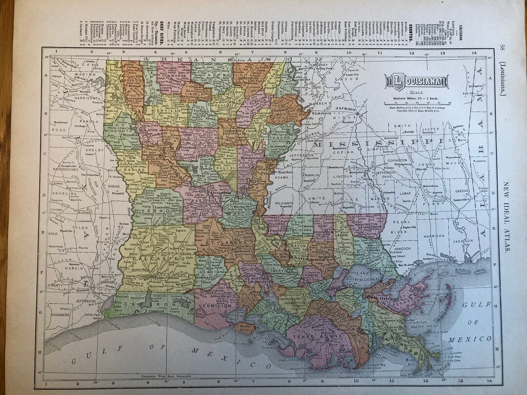 1911 Louisiana Map, Rand Mcnally, New Ideal State, County Survey and