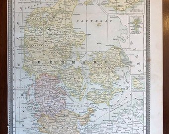 1889 Denmark Map with Iceland and Faroe Islands Insets, Rand McNally Standard World Atlas