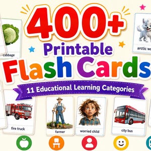May include: A set of 400+ printable flash cards featuring 11 educational learning categories. The cards display colorful illustrations of a tomato, cabbage, arctic wolf, pig, child, fire truck, farmer, bus, and killer whale with text labels.