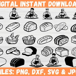 May include: A digital download of black and white illustrations of various types of bread, including loaves, rolls, and baguettes. There are also illustrations of bakers making bread. The text "DIGITAL INSTANT DOWNLOAD" and "FILES: PNG, DXF, SVG & JPG" are at the top and bottom of the image.