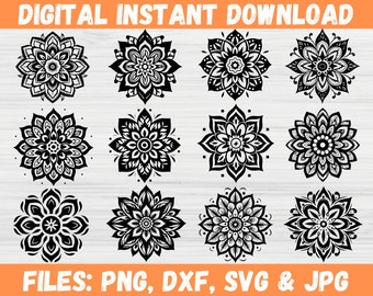 Mandala Art Svg Bundle | Floral Silhouette Zentangle Clipart | Wall Decor Cricut Cut File | Flower Plant Digital Design Png Instant Download