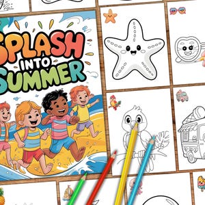 Summer Coloring Pages for Kids, Easy Printable PDF Coloring Book, Beach & Pool Party Activities, Bold Line Art, Instant Download Sheets