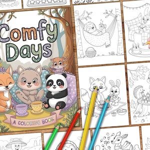 Comfy Days Coloring Pages, Cozy Hygge Moments Coloring Book, Bold and easy Kids Coloring Pages, Cute Animal Characters, Relaxing Activity