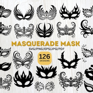 Könnte beinhalten: Eine Sammlung schwarzer Masken-Designs. Das Bild zeigt verschiedene Stile, von einfachen Augenbedeckungen bis hin zu aufwendigen, detaillierten Masken mit floralen und Feder-Motiven. Der Text lautet "Masquerade Mask" und "126 Designs".