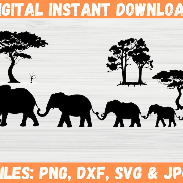 Elephant Family SVG Bundle, Cute Elephant Outline, Africa Safari Baby Elephant Silhouette, Elephant Vector Clipart Png, Cricut Files for Svg