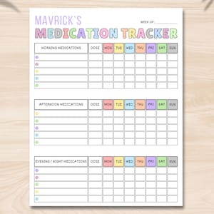 May include: A printable medication tracker with a colorful design. The tracker is divided into three sections: morning, afternoon, and evening/night medications. Each section has a column for the medication name, dose, and days of the week. The tracker is labeled "Maverick's Medication Tracker".