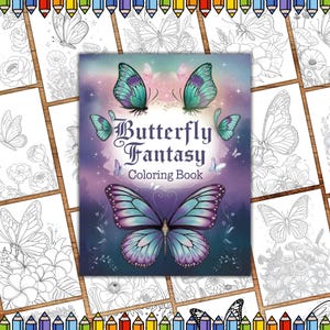 Butterfly Fantasy Coloring Pages, Fantasy Coloring Pages, Butterflies with Flowers Coloring Book, Grayscale Coloring Book, Flower Butterfly