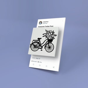 May include: A black and white illustration of a bicycle with a basket full of flowers. The image is a mockup of a Twitter post with the text "Awesome Twitter Post." and the date "26Apr 20".