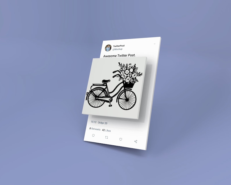 May include: A black and white illustration of a bicycle with a basket full of flowers. The image is a mockup of a Twitter post with the text "Awesome Twitter Post." and the date "26Apr 20".