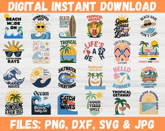 Retro Summer SVG Bundle for Shirts & Crafts | Beach Vacation Clip Art | Funny Summer Quotes | Trendy Beach Vibes Digital Download