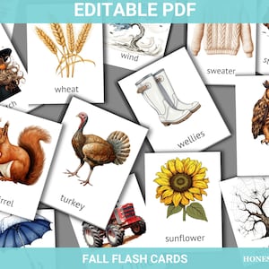Fall Flash Cards for Kids, Home Schooling Education Montessori Card, Printable Learning Material 3 Part Cards, Editable Nomenclature Card