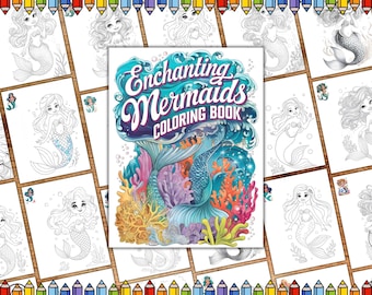 Páginas para colorear de sirenas, hojas para colorear de océanos de fantasía, arte de fantasía en escala de grises, páginas para colorear de sirenas míticas, libro para colorear de castillos de sirenas