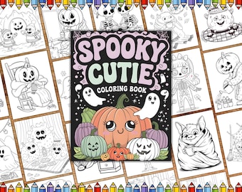 May include: A black and white coloring book with the title "Spooky Cutie Coloring Book". The cover features a cute pumpkin with a ghost and other Halloween-themed illustrations.