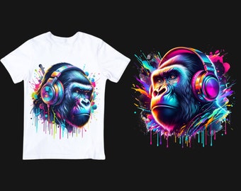 Ape with Headphones Sublimation, Cool Gaming Monkey Design, Colourful DJ Monkey Decor, Chimpanzee Headphone Print, Digital Instant Download