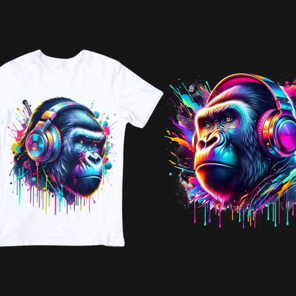 Ape with Headphones Sublimation, Cool Gaming Monkey Design, Colourful DJ Monkey Decor, Chimpanzee Headphone Print, Digital Instant Download
