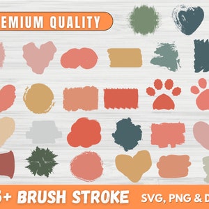 Pode incluir: Uma coleção digital de mais de 25 gráficos de pinceladas em várias formas e cores, incluindo corações, pegadas e retângulos. A imagem apresenta o texto PREMIUM QUALITY no topo e 25+ BRUSH STROKE SVG, PNG & DXF na parte inferior.