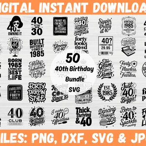 Puede incluir: Un paquete de descarga digital de 50 archivos SVG para diseños de 40 cumpleaños. Los diseños presentan varias frases y gráficos, que incluyen "40 y todavía lo tengo", "Nacido en 1985 Viviendo mi mejor vida", "Cuarenta Drippin' in Style", "Nivel 40 Desbloqueado", y "Solo 40 Biggie!"