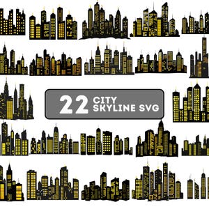 May include: A collection of 22 city skyline SVG files in black and yellow. The silhouettes depict various buildings with illuminated windows, creating a nighttime cityscape theme. The text "22 CITY SKYLINE SVG" is included.