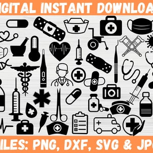 Paquete de iconos médicos SVG (Clipart), silueta de médico, enfermera, hospital, estetoscopio, equipo médico, archivo Cricut, uso comercial, descarga instantánea